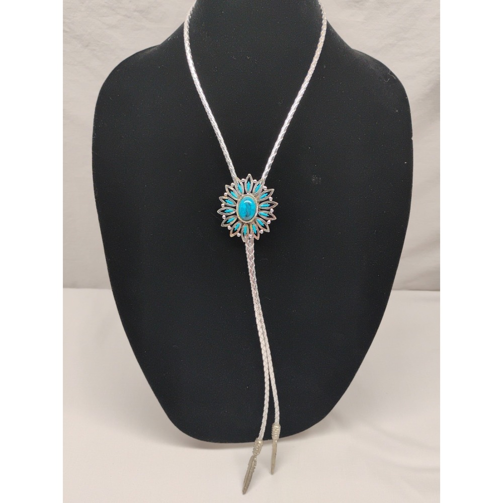 Silver Colored Faux Turquoise Flower Feathers Bolo Tie Rodeo Wedding Prom